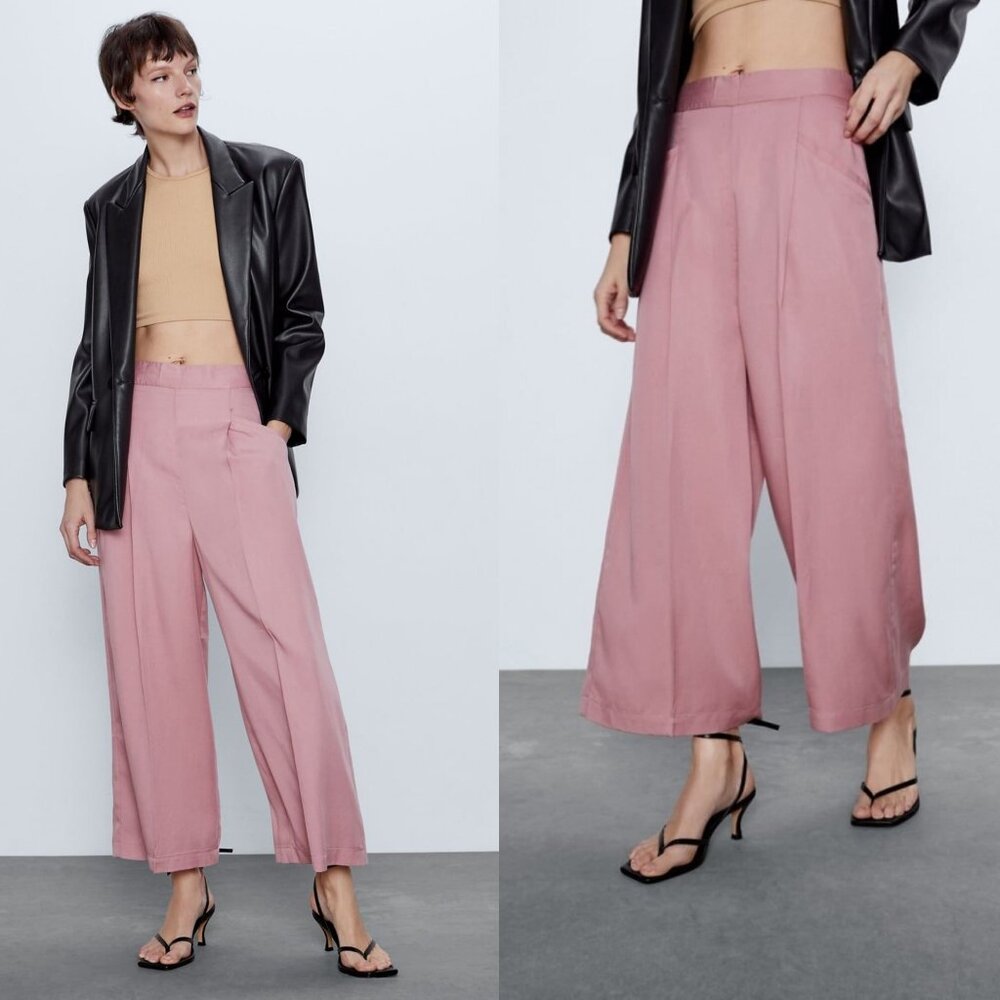NEW Zara Dusty Rose Pink High Waist Wide Leg Culottes Pants, Size S